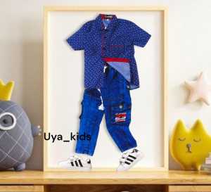 setelan termurah kemeja anak lengan pendek celana panjang biru kantong samping untuk umur 1 tahun sampai 12 tahun//kemeja bermotif lengan pendek termurah dan terbaru 2023//celana jeans biru psnjsng terlsris