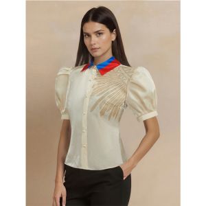Amyenjoylife Philippine Design Shirt For Women Color-Blocking Neckline Elegant WomenS Shirt Slimming Puff Sleeve Top