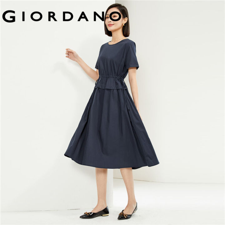 GIORDANO Women Dresses 100% Cotton Fake 2-Piece Dresses Collect Waist  Crewneck Short Sleeve Fashion Casual Dresses 05464330