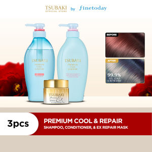 TSUBAKI Premium Cool & Repair Shampoo + Conditioner 450ml + Premium Ex Repair Mask- Hair Care Treatment Set [For Cleansing Moisturizing Extra Nourishing Oily Low Porosity Hair with Cooling Sensation Japanese Camellia Flower Oil]
