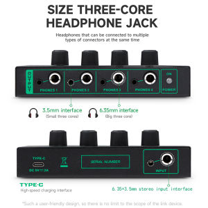 Headphone Amplifier 4 Channel Headphone Splitter Amplifier with 1/4\" and 1/8\" TRS Jack Input for DJ Mixer Headphone Amps Headphone Splitter with Separate Volume Control Output for Speaker or Monitor Headphone