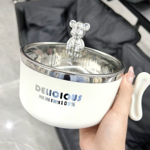 1300ml Creative Bear 304 Stainless Steel Instant Noodle Bowl Ins Style Dormitory Bowl with Glass Lid