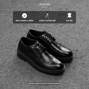 Giày da bò Derby Wingtip LEMANS nam màu đen WD01.2 - Đế thơmcao 4cm - Bảo Hành 24 Tháng