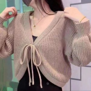 ⚡port⚡ blouses women new style 2025 Korean fashion Design Sense Lace up Long Sleeved Cardigan Loose Knitted Sweater for Women 2️⃣0️⃣2️⃣5️⃣