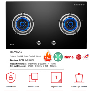 RINNAI RB-982G & RB782G 5.0kW 2 FLEXI BURNER BUILT-IN GAS HOB (GLASS TOP)