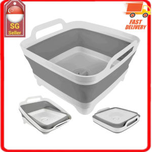 Collapsible Tub Wash Basin for Baby Bottles with Drain Plug 2.4 Gallons Space-Saving Camping Sink for RV Collapsible Dish Tub (Gray)