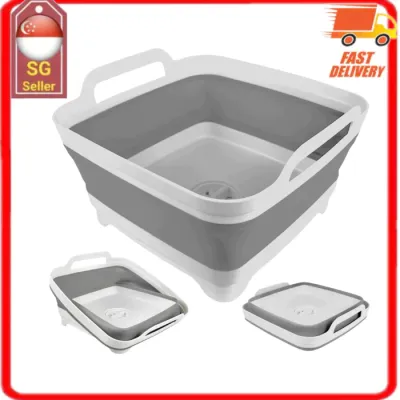 Collapsible Tub Wash Basin for Baby Bottles with Drain Plug 2.4 Gallons Space-Saving Camping Sink for RV Collapsible Dish Tub (Gray)