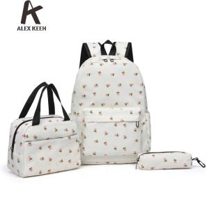 กระเป๋าเป้นักเรียนระดับประถมศึกษาชุดกระเป๋าเป้ลายดอกไม้3ชิ้นพร้อมกระเป๋าใส่ข้าวกลางวันและปากกาแล็ปท็อปไนล่อนกระเป๋าใส่กระเป๋าสะพายหลังเดินทางกลางแจ้ง