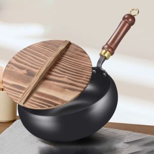 NCNC cooking utensils non stick cookware kitchenware cookware Nonstick Chinese Cooking Wok Wood Handle Uncoated Iron Stir Fry Pan Large Belly Pan Flat Bottom Soup Pot For Restaurant