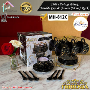 FIORENZA 6 pasang cangkir set + sendok + rak series duluxe white  220ml / tea set coffee cup and saucer ceramic with spoon LGM-812C