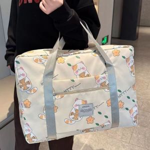 CUNXIN การ์ตูน กระเป๋าเก็บผ้าห่มนักเรียน แบบสบายๆ ผ้าอ็อกซ์ฟอร์ด กระเป๋าเก็บของแบบพกพา หลายฟังก์ชัน ความจุขนาดใหญ่ กระเป๋าเดินทางแบบมีซิป สำหรับบ้าน