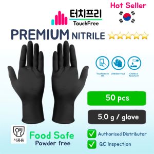[TouchFree] FOOD SAFE PREMIUM TOUCH FREE NITRILE GLOVES 5 g per glove (Total 50 pcs) Black - Disposable  Non-latex Powder-Free Multifunctional Cooking Gloves (Suitable for kitchen use)
