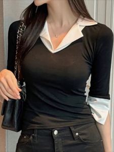 Slim Fit V-Ne Seven Sve T-irt Spring New Design Sense Ele Splice Base irt Top Trendy Korean Sle Commute Faion2026