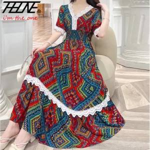 [Langchao] vestidos robe summer dress women casual plus size long maxi Korean style beach floral cotton lace bohemian Indian clothes