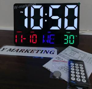 (0717) LARGE Digits Display Calendar Clock Wall-Hang & Stand with Alarm (Remote Control) BLACK FRAME COLORED