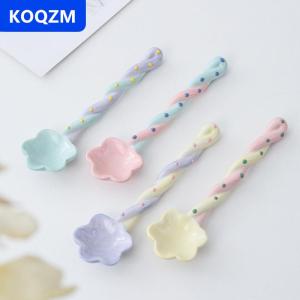 [COD] KOQZM 1 cái gốm dài xử lý muỗng dễ thương Kem tay sơn tráng miệng muỗng với dài xử lý Bộ đồ ăn nhà bếp phụ kiện