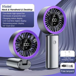 Quạt Cầm Tay Mini Đa Năng 4000mAh Tốc Độ Cao Tặng Dây Đeo Cổ & Cáp Sạc Type C Màn Hình LED Hiển Thị Pin 16° Cool Wind