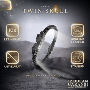 Emrys Premium Leather Twin Skull Bracelet asli Kulit Pria Wanita