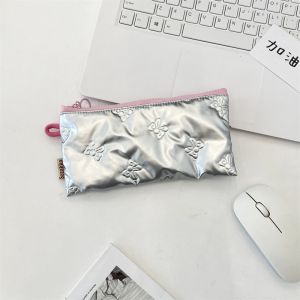 WAPKTY PU Leather Pen Bag Large Capacity Quilted Pen Pouch Portable Bowknot Printing Stationery Storage Organizer Girls Gift