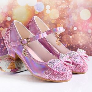 227Princess Dance Performance Crystal Shoes Girls Single High Heels Shiny Sequin Pink Childrens Footwear Small Medium Children