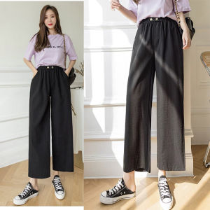 ผ้าฝ้ายผ้าลินินผ้าลินินพับหญิงใหม่ปุ่มเอวยางยืดเอวกางเกงลำลองกางเกงมี 4 สี