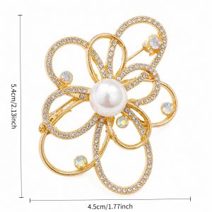 Elegant Pearl Crystal Brooch Pin Gold Rhinestone Brooch for Women Scarf Coat Dress Accessories