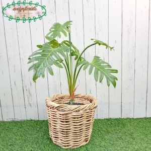 Pohon Hias Daun Jari Philo X7 Latex Imitasi Pot Dasar Hitam Cover Keranjang Rotan Bulat Hiasan Ruangan