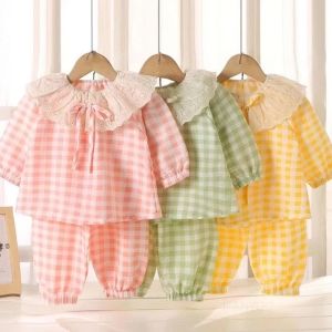 Girls Lace Round Neck Bow Home Suit Set Spring Summer Breathable Princess Baby Pajamas Sleepwear Cute Loose Childrens Clothing2026
