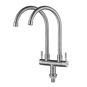 JUNMO 304 Stainless Steel Kitchen Faucet Single Cold 360 Degree Rotation Double Outlet