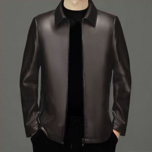 Mens Lapel Leather Jacket Spring Autumn Casual Slim Fit Motorcycle Jacket Stand Collar Outerwear Business