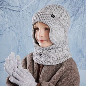 IFFINE Warm Childrens Hat Neck Scarf Gloves Set Fleece Lined Winter Neck Warmers 4-10Y Ear Protection Knit Ski Hat for Boys and Girls