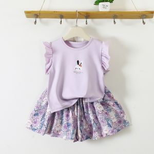 AILEBE Kids Terno Skorts Girls Coordinate Set Flutter Sleeve Top Floral Skort with Ruffled Detail Soft Milk Silk 4-Way Stretch Fabric Breathable Lightweight Summer OOTD Pambahay for Baby Girls 0-7Y Kids Outfit Ternos for Girls