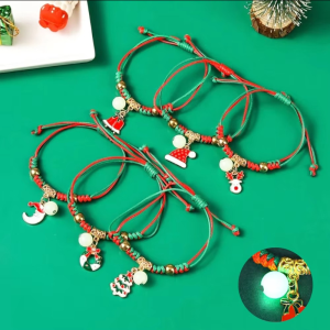 Glow in The Dark Beaded Bracelet Handmade Braided Santa Claus Elk Pendant Adjustable Bracelets Gift for Christmas Party