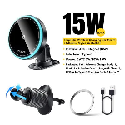 Essager giá lắp trong xe 15W Không Dây Sạc điện thoại trong xe ô tô Chủ 360 Miễn Phí độ xoay Tương Thích Với bảy màu ánh sáng cho iPhone 15 14 13 12 Pro Max XS Cộng Với Điện Thoại Phổ Bộ chuyển đổi sạc cho xe hơi Gắn kết