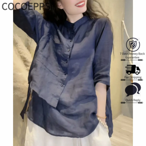 Cocoepps Áo sơ mi lanh và bông phụ nữ 2023 mùa hè hoài cổ mới thiết kế bảy điểm tay áo rộng che bụng áo kiểu ôm