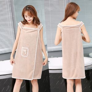 Wearable Soft Towel Bath Robe Magic Dress for Women with Two Pockets Pure Cotton Quick Dry