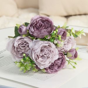 DFGFIN Multicolor Artificial Rose Flowers DIY 5 Heads Simulation Peony FLower Green Leaves Lifelike Floral Bouquet Home Decoration