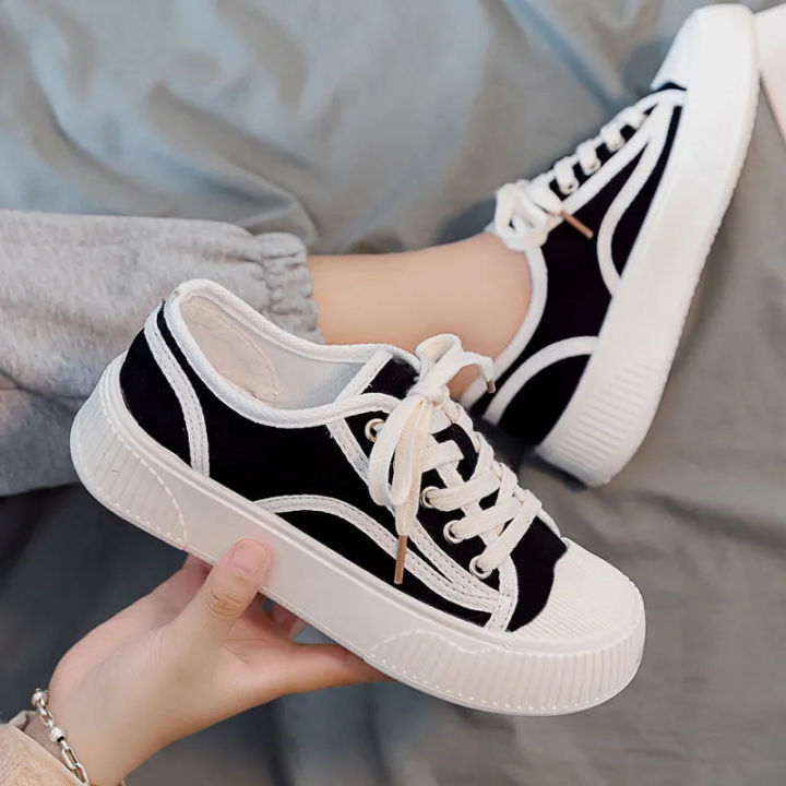 Canvas shoes for female students, low top Korean style canvas shoes, thick  sole women's shoes