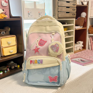 Dopamine-inspired high-appearance cute backpack for girls forest-themed color-blocking for primary and middle school students -3-6 Grade-level wide-shoulder strap backpack