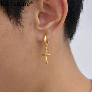Kemstone Mens Hip Hop Stainless Steel Ankh Cross Dangle Earrings in Black Silver and Gold