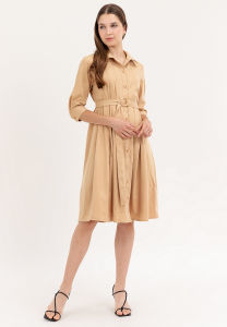 Krizia Premium Cotton Button Down vertical Pleats Midi Shirt Dress Ring Belt