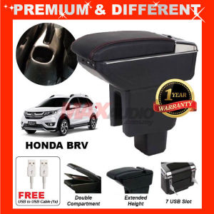 HONDA BRV BR-V Armrest Premium Quality Adjustable Black Leather With Red Stitch Arm Rest with USB Charger Extension & Cup Holder