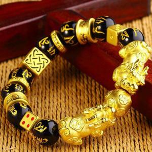 PrettySet Feng Shui Prosperity PiXiu Obsidian Bracelet Carved Mantra Bead Gold Coin Dice Bracelet PiXiu/Piyao Attract Wealth Good Luck Wristband Jewellery PH
