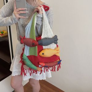 Summer Cotten Crochet Shoulder Bag Fish Fashion Hollow Out Weave Bag Handbag Large Capacity Tassels Beach Handbag Shopping Bag