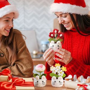 MIRELAE Hoa hồng đan móc Chậu hoa dệt Trang trí nhà cửa Quà thủ công Cây hoa giả Dễ thương Trang trí bàn làm việc Cây cảnh bonsai làm từ hoa nhân tạo. Trang chủ