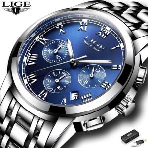 Lazchoice LIGE Watch Men Stainless Steel Waterproof Analog Quartz Wristwatch Fashion Chronograph Auto Calendar Jam Tangan Lelaki