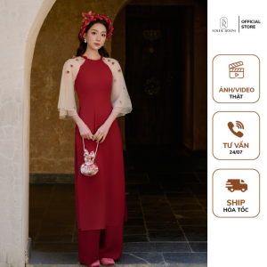 KHUÊ CÁC - Áo Dài Tết Cách Tân Thiết Kế Nữ Tơ Óng Phối Chéo Cổ Tròn Khoét Vai Tay Be Lửng Thêu Hoa Rơi Màu Đỏ & Quần Lụa Sang Trọng Thanh Lịch