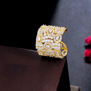 SEQUITO Luxury Yellow Gold Silver Plated Women Wedding Finger Jewelry Full Paved Sparkly white AAA Zirconia Crystal Hollow Out Open Cuff Adjustable Wide Ring for Engagement SR081