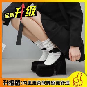 [Free Shipping] Spring Chunky Heel Shallow Korean Style Shoes Black Square Toe High Heels Solid Color Buckle Suede WomenS Shoes
