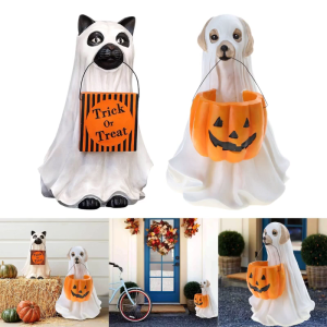 Ma Halloween Con Chó cho mèo bức tượng với bí ngô Bát đựng kẹo nhựa Trick điều trị dEc